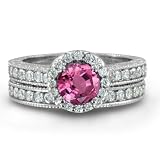 Vintage Inspired Natural Pink Sapphire Diamond Engagement Wedding Ring Bridal Set in Platinum Halo Ring (G, SI1, 1.39 cttw), 5mm, Certified