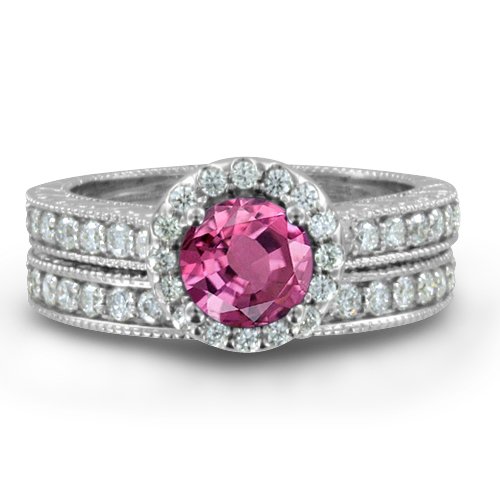 Vintage Inspired Natural Pink Sapphire Diamond Engagement Wedding Ring Bridal Set in Platinum Halo Ring (G, SI1, 1.39 cttw), 5mm, Certified
