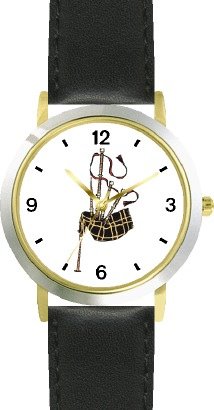 Scottish Bagpipes or Bag Pipes - Musical Instrument - Music Theme - WATCHBUDDYÂ® DELUXE TWO-TONE THEME WATCH - Arabic Numbers - Black Leather Strap-Size-Large ( Men's Size or Jumbo Women's Size )