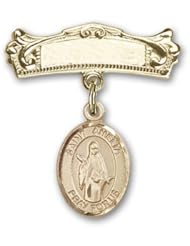 14K Gold Baby Badge with St. Amelia Charm and Arched Polished Badge Pin