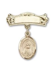 14K Gold Baby Badge with St. Anastasia Charm and Arched Polished Badge Pin