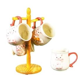 PIG 3-D Mug Set of Mugs w/Mug Tree *NEW!*