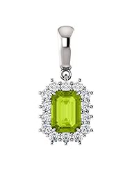 18K White Gold 7.00x5.00mm Emerald Cut Peridot and Diamond Pendant -- LIFETIME WARRANTY