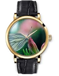SPRAWL Aanalog Fashion Series Gold Ladies Watches of Genuine Black Leather Strap,Unique Wrist Watch for Women Girls Designed with Butterfly on a flower bud