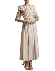 Elbow Length Sleeves Full Length Chiffon   Belted General Print Maxi Dress  With Ruffles and Pearls