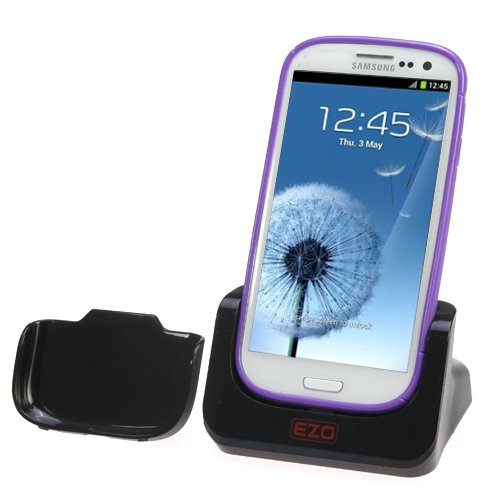 EZOPower Sync Transfer USB Dual Dock Cradle Desktop Charger with Spare Battery Charging Slot with Detachable Case Plate for Samsung Galaxy S3 S III i9300 (AT&T i747, T-Mobile, Sprint, Verizon) Android Phone