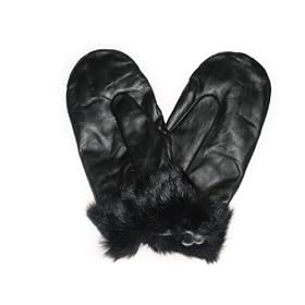 Fownes Women’s Black Lambskin Leather Mittens w/Black Rabbit Fur Trim