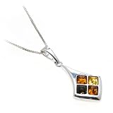 Certified Genuine Multicolor Amber and Sterling Silver Rhombic Pendant on Italian Box Chain, 18