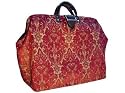 ArtisanStreet's Dark Red Floral Motifs Chenille Carpet Bag With Shoulder Strap. Features Design Of Dark Red Flower Motive With Victorian Look. Tan Background. Limited Edition. Use As An Overnight Bag Or Even As A Briefcase.