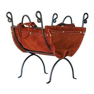 Olde World Iron Log Holder With Suede Leather Carr