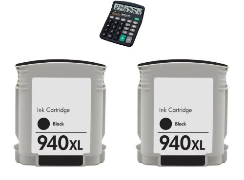 2 pk Refurbished HP 940XL (C4906AN) Black Ink Cartridges + D@J 12 digit solar calculator for OfficeJet Pro 8000, OfficeJet Pro 8500 (2 Pack)
