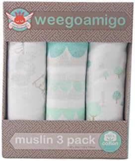 Weegoamigo Little Linen Company Muslin 3 Pack Baby Infant Blanket Green White Gray Swaddler