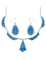 Turquoise Sterling Silver Link Necklace Earrings Jewelry Set GS75395