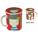 Japanese Mug with Lid, Kokeshi Doll Red