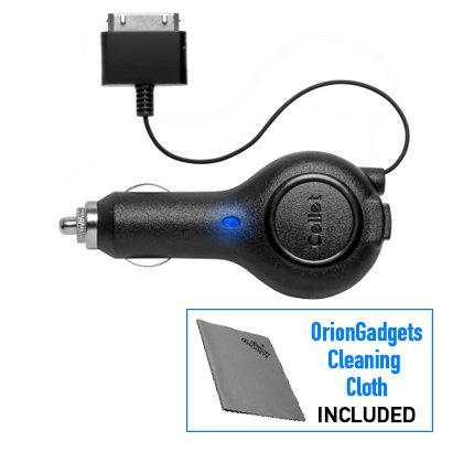 Retractable Car Charger (Made for iPhone, Licensed by Apple) for Apple iPhone 4S (Black) (Includes OrionGadgets Cleaning Cloth)