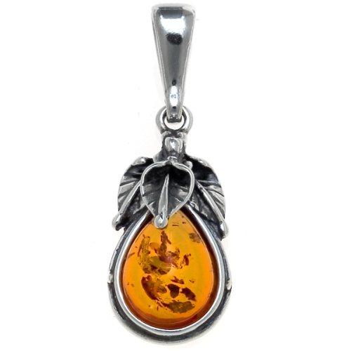 Certified Genuine Honey Amber and Sterling Silver Antique Leaf Pendant