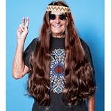 60s Hippie Long Hair w/ Headband Wig (brown) Adult Halloween Costume Accessory