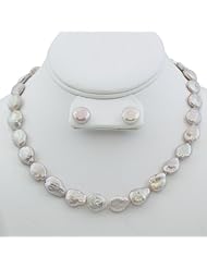 Coin Freshwater Pearl Necklace & Earring Silver Set 8mm