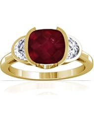 18K Yellow Gold Cushion Cut Ruby Three Stone Ring