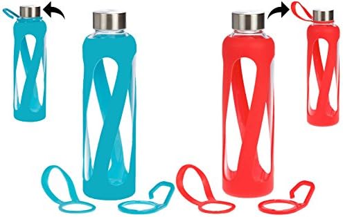 1, 2, 3, 4- PACKS - 20 oz Leak Proof, Reusable Pure Borosilicate Tempered Glass Water Bottle, Non-Slip Silicone Sleeve, 2 Attachments: Loop and Hook, Free of BPA, BPS, BPF, PVC, Phthalates