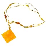 Amber Honey Square Resin Pendant Necklace with Yellow Pipe Beads
