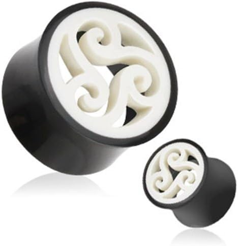 Pair of 0 Gauge 8mm Organic Buffalo Horn Saddle Flared Plug White Bone Tribal Triangle Swirl E431
