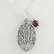 Oval Tree of Life Pendant in Sterling Silver with Garnet Bead on an 18" Box Chain, #8531