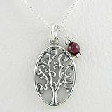 Oval Sterling Silver Tree of Life Pendant with Garnet Bead on an 18 Box Chain, #8531