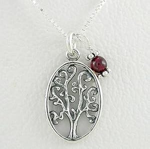 Oval Tree of Life Pendant in Sterling Silver with Garnet Bead on an 18" Box Chain, #8531