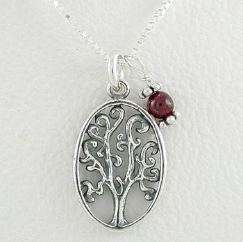 Sterling Silver Oval Tree of Life Pendant with Garnet Bead