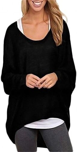 Feminent Women's Fashion Long Batwing Sleeve Loose Oversize Pullover Sweater Top Blouse (S, Black)
