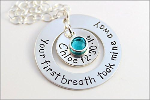 Personalized Sterling Silver Necklace for New Mom | Your First Breath Took Mine Away Washer + Name & Birthday Pendant