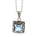 Sterling Silver Marcasite & Blue Topaz Square Pendant Necklace - 16"