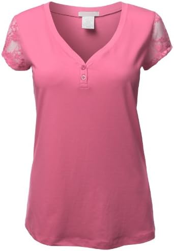Doublju Plus Womens Basic Short Sleeve Loose Fit V-Neck Henley T-Shirt Plus Size Pink XXL