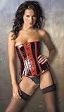 Patent Corset with Piping Boning Lace Up Front and Back Detachable Garters G-String Included Color Red/Black (As Shown) Sizes Small, Medium, Large or X-Large