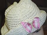 Ht57wpbfy, Hand crocheted White gimp Hat With Pink Butterfly