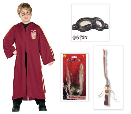 Harry Potter Quidditch Child Costume including Robe, Goggles, Broom and Golden Snitch - Large