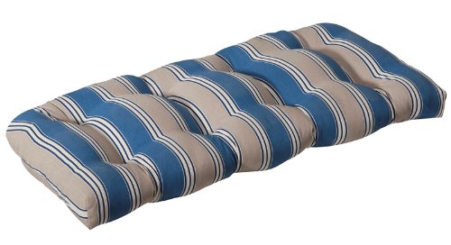 Outdoor Patio Furniture Wicker Loveseat Cushion - Blue & Tan Stripe
