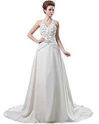 A-line V-neck Floor Length Open-Back Beaded Lace Basque   Waistline Chiffon  Dress