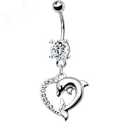 Clear Cubic Zirconia Heart Dolphin Belly Ring