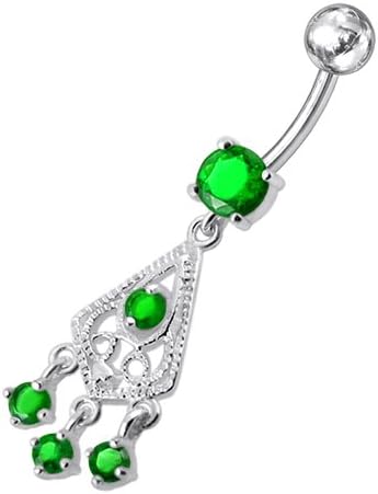Dark Green Gems Stone Stylish Chandeliers 925 Sterling Silver Dangling Belly jewelry with 14Gx3/8(1.6x10MM) 316L Surgical Steel Banana and 5MM Ball.
