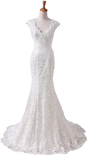 Sweep Ivory Soluble Lace Wedding Dress for Bride with V-neck Mermaid Bateau (14, Ivory)