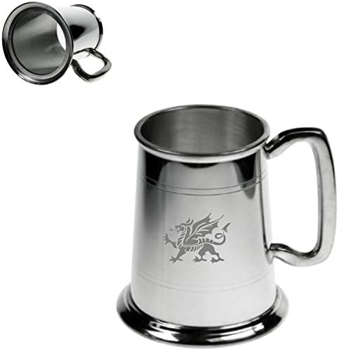 1 Pint Double Lined Glass Bottom Pewter Tankard With Welsh Dragon Design