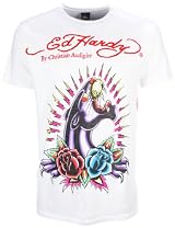 Ed Hardy Mens T-Shirt Panther and Roses White