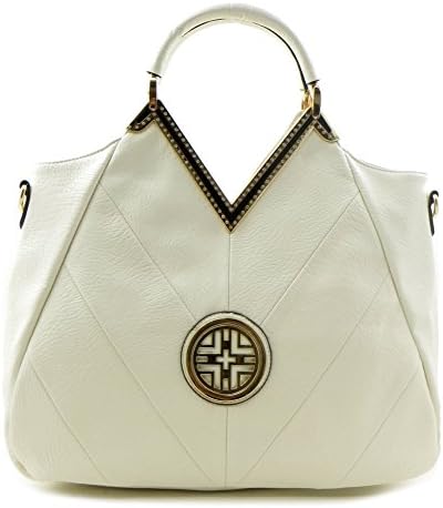 Designer Inspired Rhinestone Emblem 2 Way Tall Satchel Bag Purse - Off White