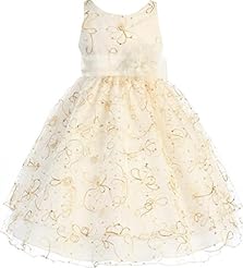 Girls Sleeveless Embroidered Tea Length Flower-Girl Dress  With a Sash 