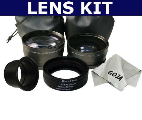 11 Pcs. Kit For CANON POWERSHOT S2 S3 S5 IS includes: 2.0X Telephoto Lens+0.45X Wide Angle+4 Pcs. Adapter Ring Kit (46, 49, 52, 55mm) + 2 Lens pouches+4 Caps (front and back for each lens)+Lens Adapter Tube+1 Deluxe Ultra Fine Microfiber Cleaning Cloth GOJA Logo
