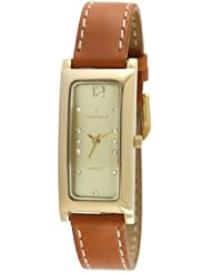 Peugeot Womens 3029G Gold-tone Rectangle Crystal Marker Tan Leather Strap Watch