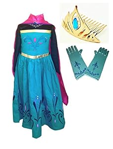 American vogue Elsa Coronation Dress Costume + Cape + Gloves + Tiara Crown (3 Years, Blue)