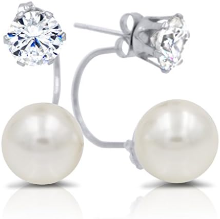 Stainless Steel Silver Double Pearl CZ Hoop Stud Earrings Ear Jackets Front to Back Silver-Tone